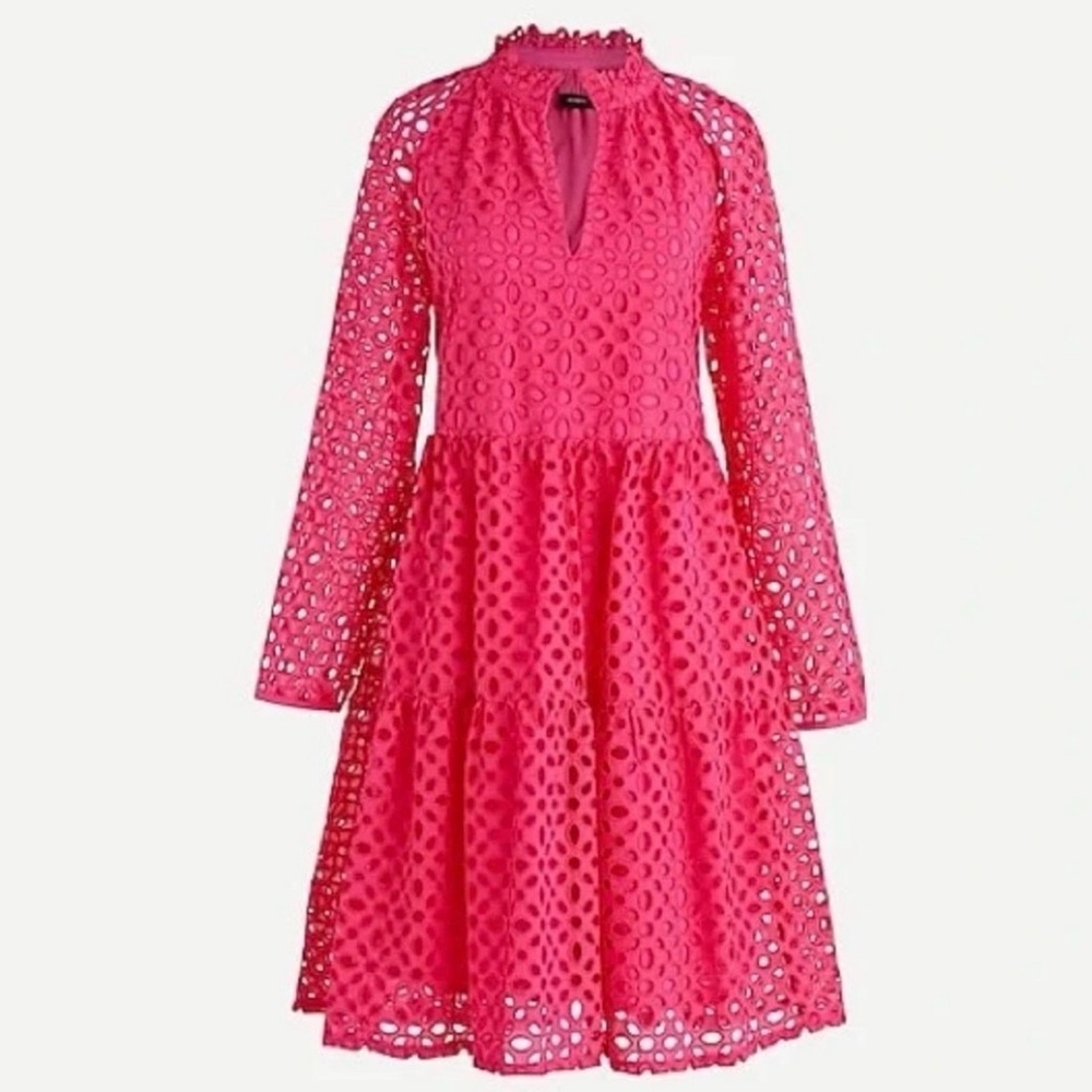 J. Crew / Tiered Popover Dress Embroidered Eyelet in Pink
